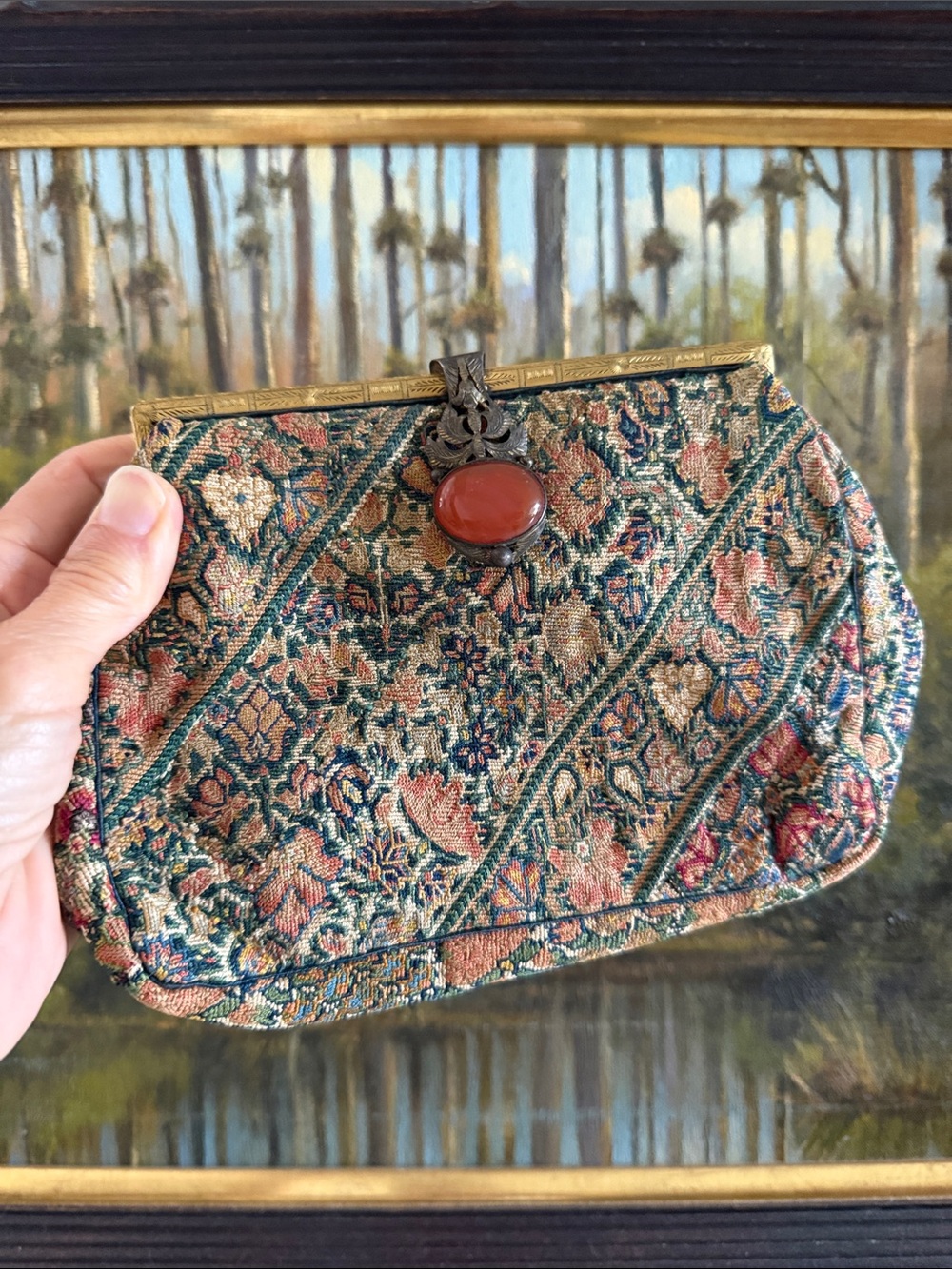 1930’s French Brocade Tapestry Clutch Gilt Brass Frame with Carnelian Stone